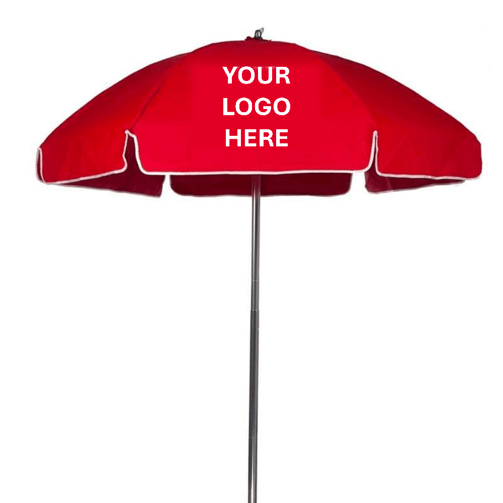 Red commercial beach umbrella with a customizable canopy displaying the text ‘Your Logo Here’ for branded outdoor use.